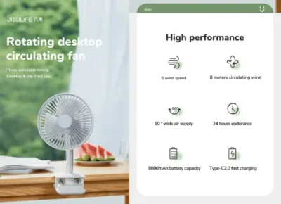 JISULIFE Fa13R 8000mAh Rotating Rechargeable Clip Fan